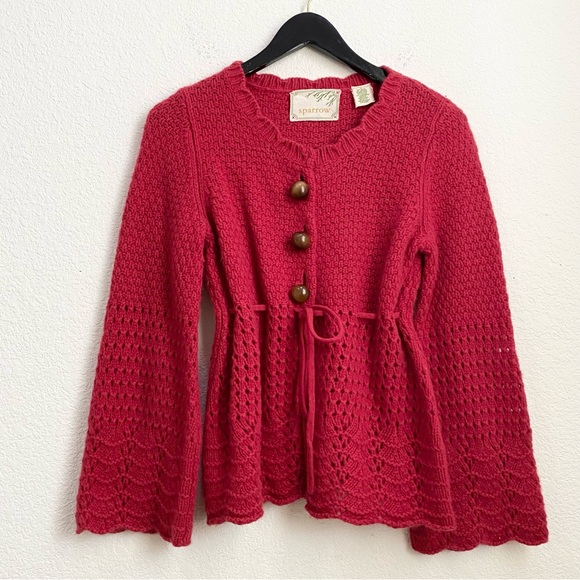 Anthropologie Sparrow Red Wool Blend Angora Crochet Knit Cardigan Sweater Size S - Picture 5 of 13